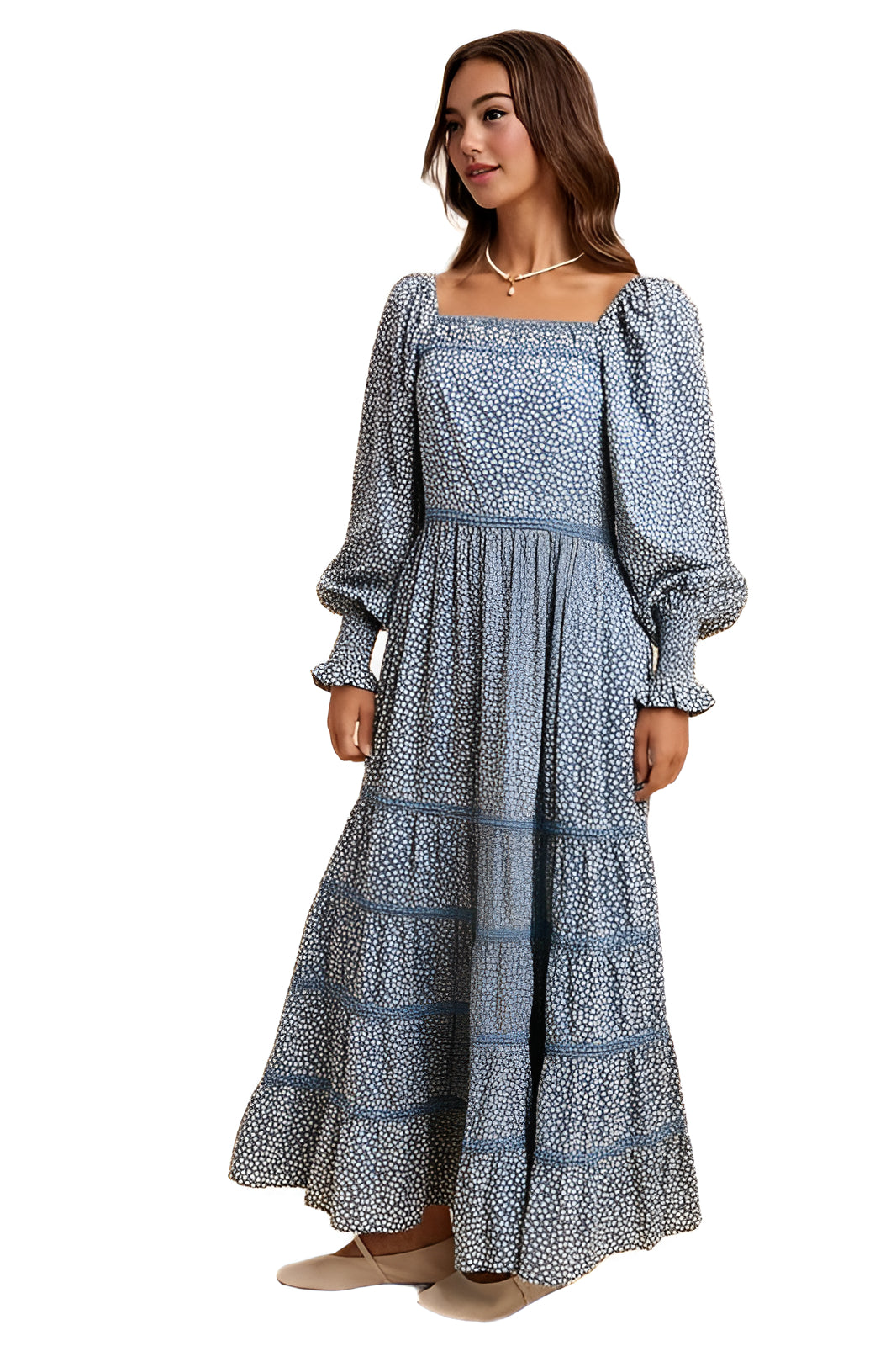 Blue Long-Sleeve Tiered Maxi Dress with Square Neck