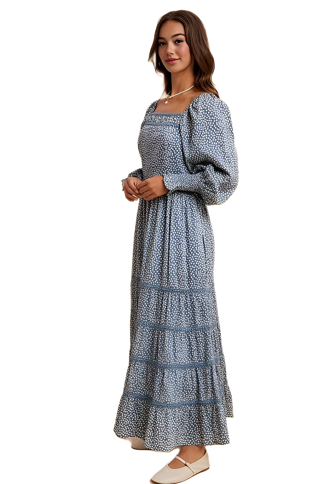 Blue Long-Sleeve Tiered Maxi Dress with Square Neck