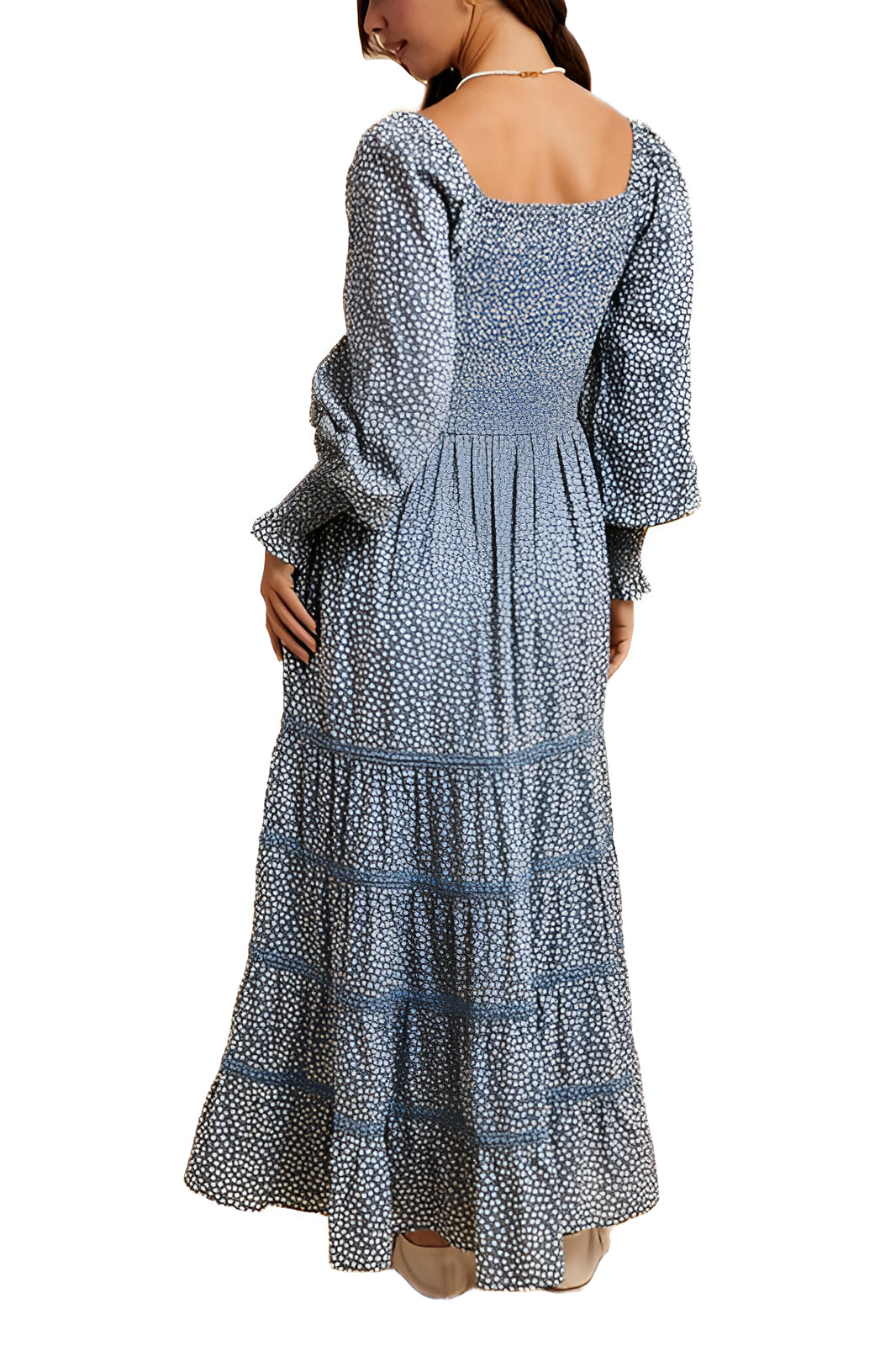 Blue Long-Sleeve Tiered Maxi Dress with Square Neck