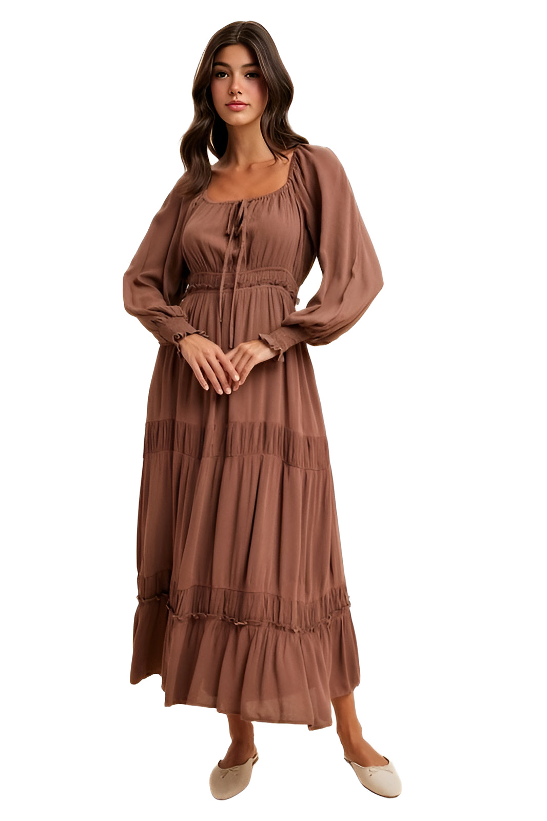 Brown Long-Sleeve Smocked Maxi Dress with Tiered Skirt