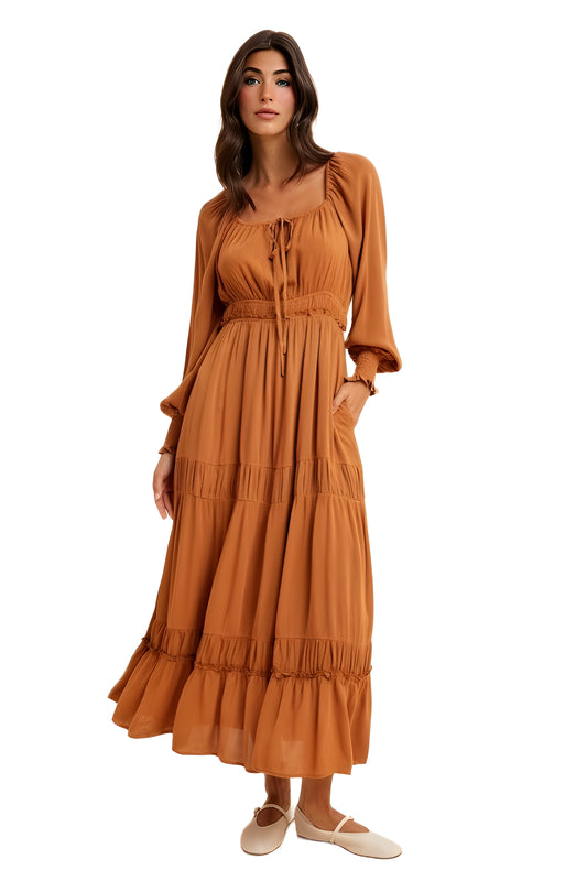 Orange Tiered Maxi Dress with Smocked Waist and Long Sleeves