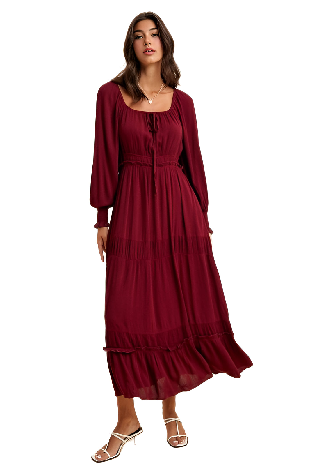 Burgundy Long-Sleeve Smocked Maxi Dress with Tiered Skirt