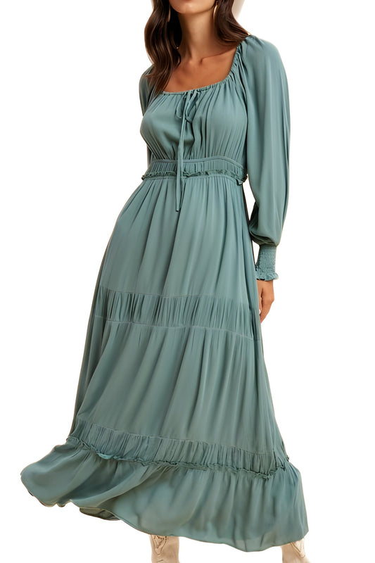 Teal Tiered Maxi Dress with Smocked Waist and Long Sleeves