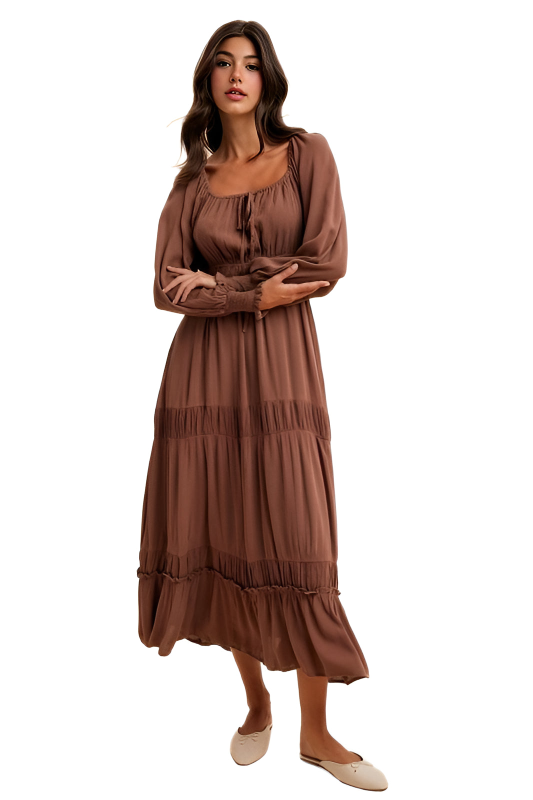Brown Long-Sleeve Smocked Maxi Dress with Tiered Skirt