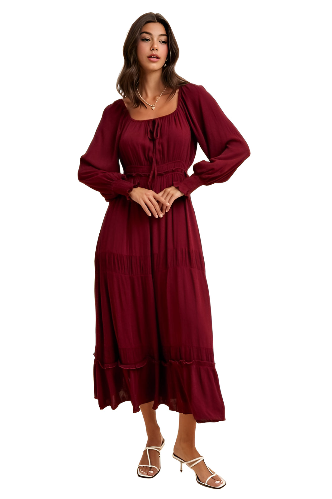 Burgundy Long-Sleeve Smocked Maxi Dress with Tiered Skirt