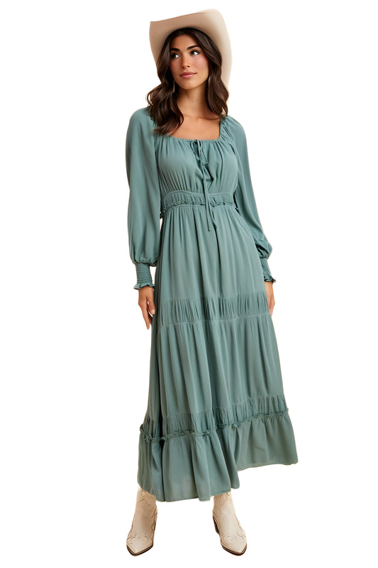 Teal Tiered Maxi Dress with Smocked Waist and Long Sleeves