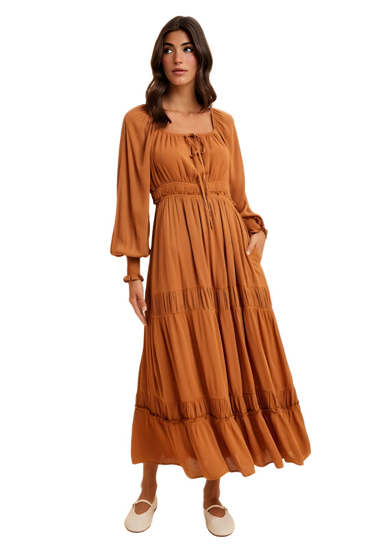 Orange Tiered Maxi Dress with Smocked Waist and Long Sleeves