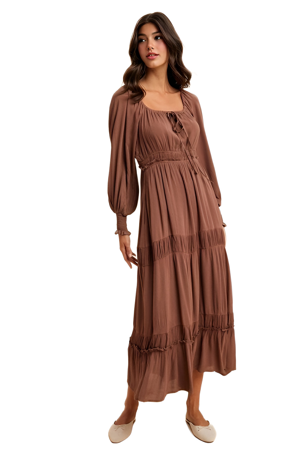 Brown Long-Sleeve Smocked Maxi Dress with Tiered Skirt