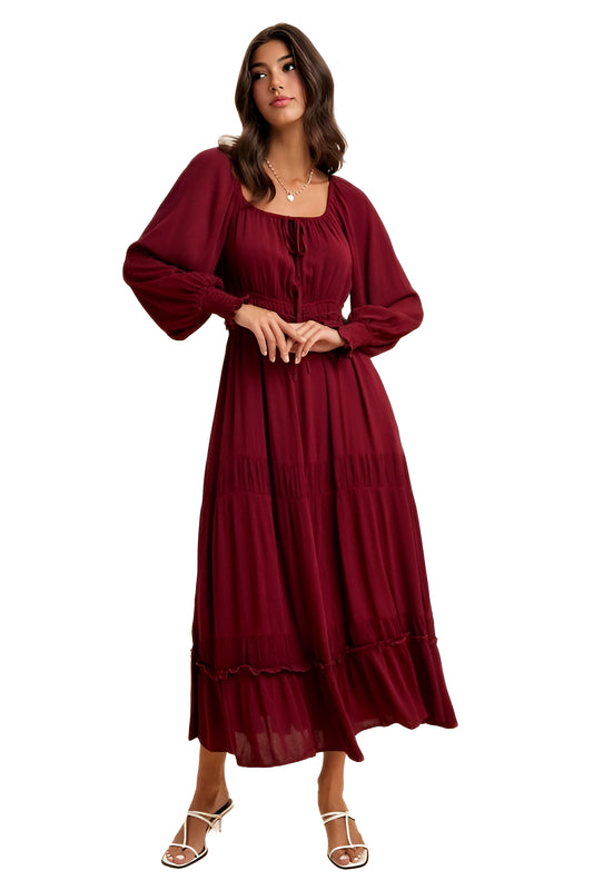 Burgundy Long-Sleeve Smocked Maxi Dress with Tiered Skirt