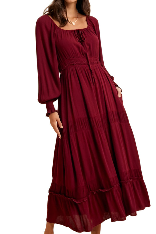 Burgundy Long-Sleeve Smocked Maxi Dress with Tiered Skirt