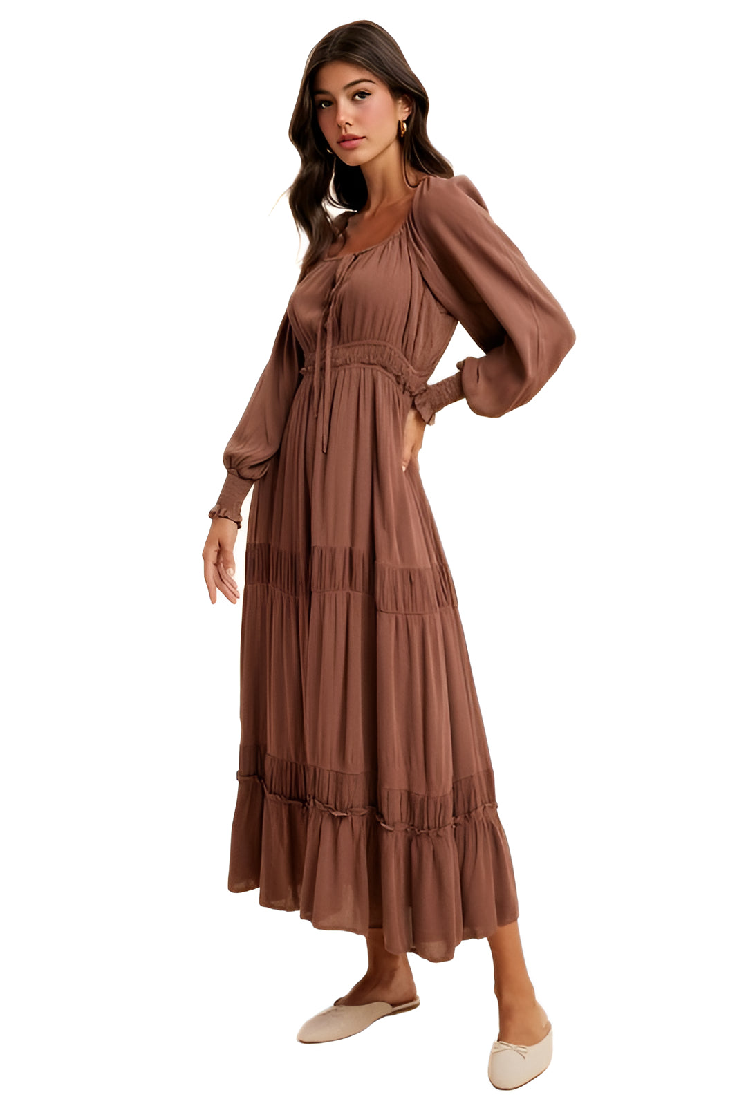 Brown Long-Sleeve Smocked Maxi Dress with Tiered Skirt