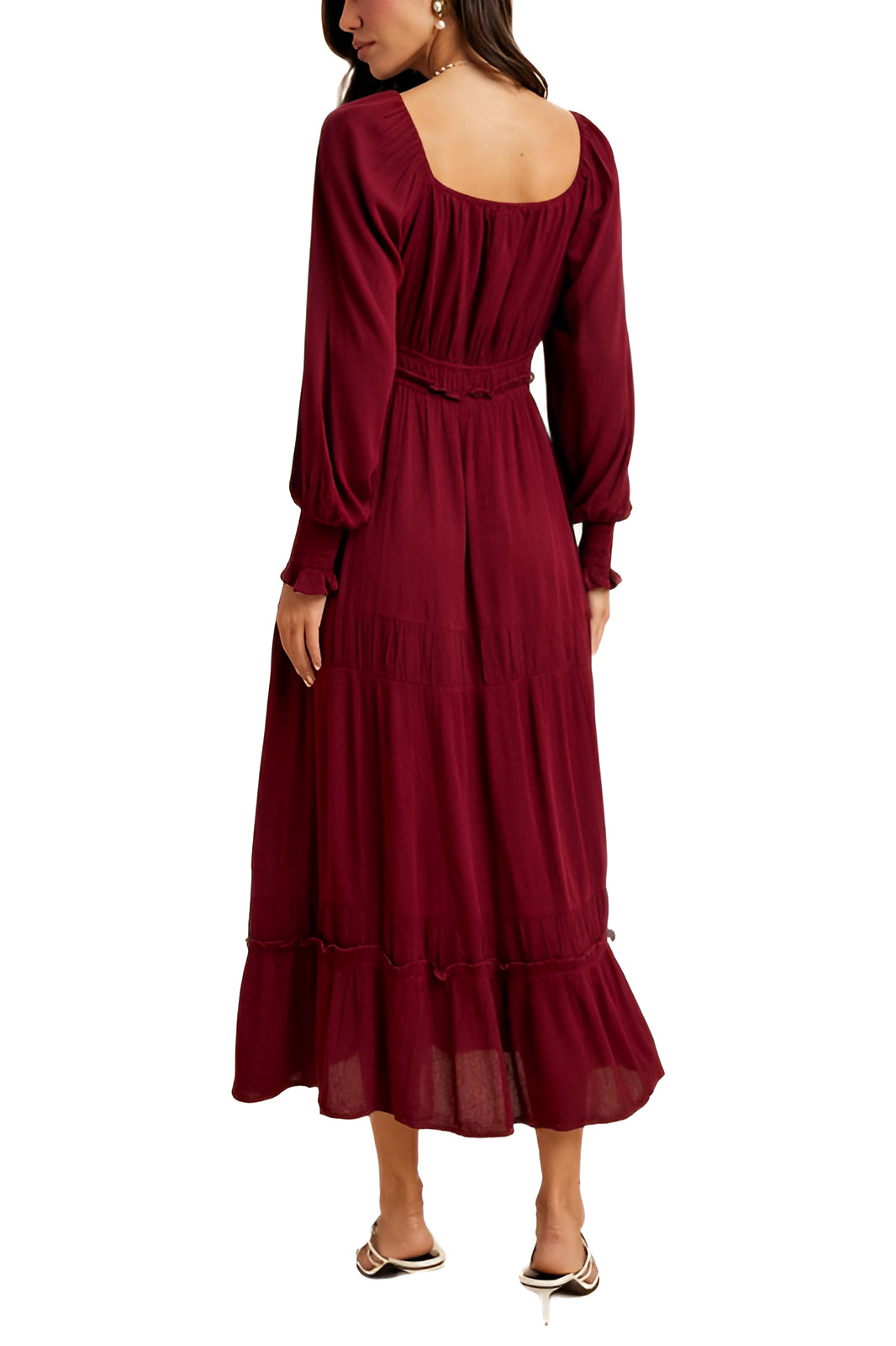 Burgundy Long-Sleeve Smocked Maxi Dress with Tiered Skirt