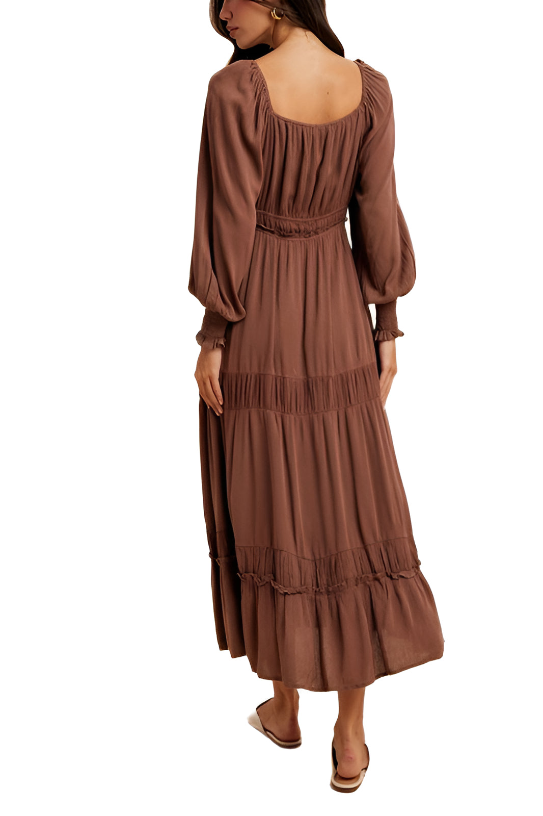 Brown Long-Sleeve Smocked Maxi Dress with Tiered Skirt