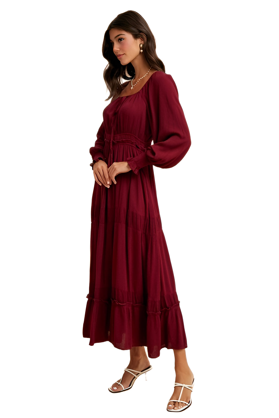 Burgundy Long-Sleeve Smocked Maxi Dress with Tiered Skirt