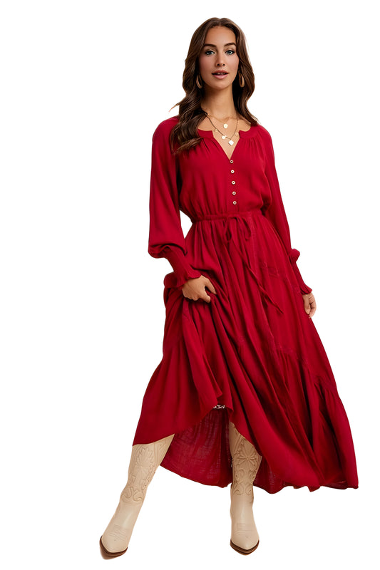 Burgundy Long Sleeve Maxi Dress with Front Buttons and Drawstring Waist