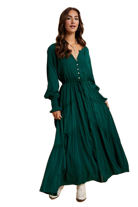 Emerald Long Sleeve Maxi Dress with Front Buttons and Waist Tie
