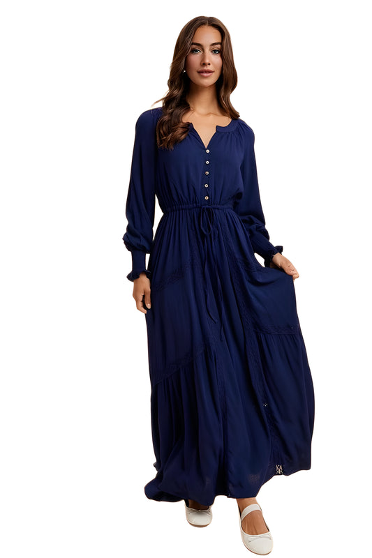 Navy Long Sleeve Maxi Dress with Button Detail and Tie Waist