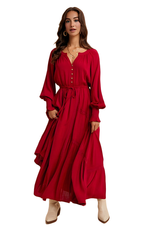 Burgundy Long Sleeve Maxi Dress with Front Buttons and Drawstring Waist