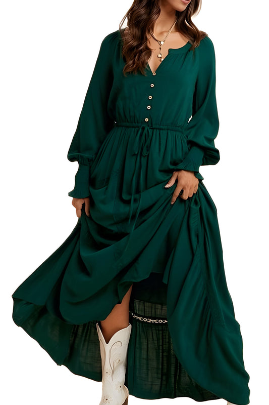 Emerald Long Sleeve Maxi Dress with Front Buttons and Waist Tie