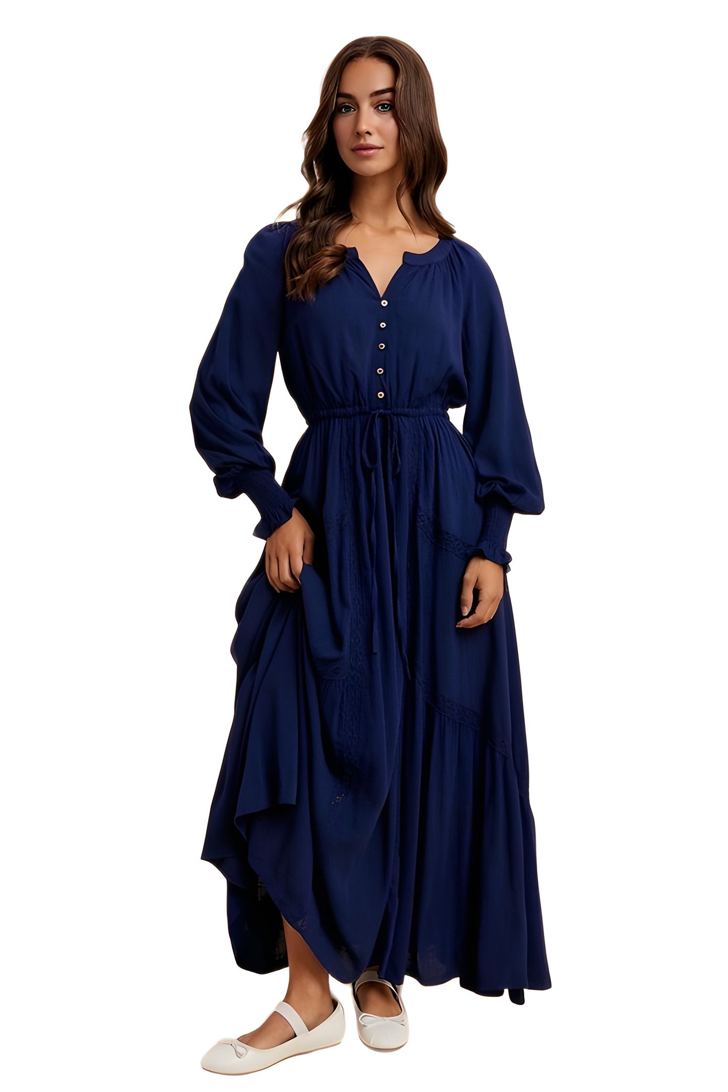 Navy Long Sleeve Maxi Dress with Button Detail and Tie Waist