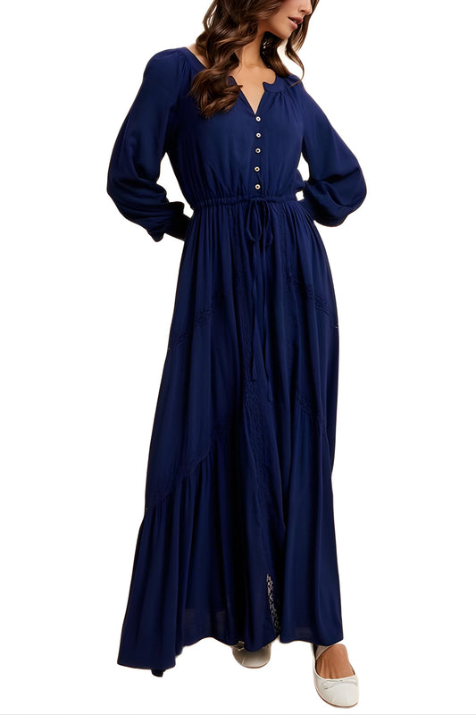 Navy Long Sleeve Maxi Dress with Button Detail and Tie Waist