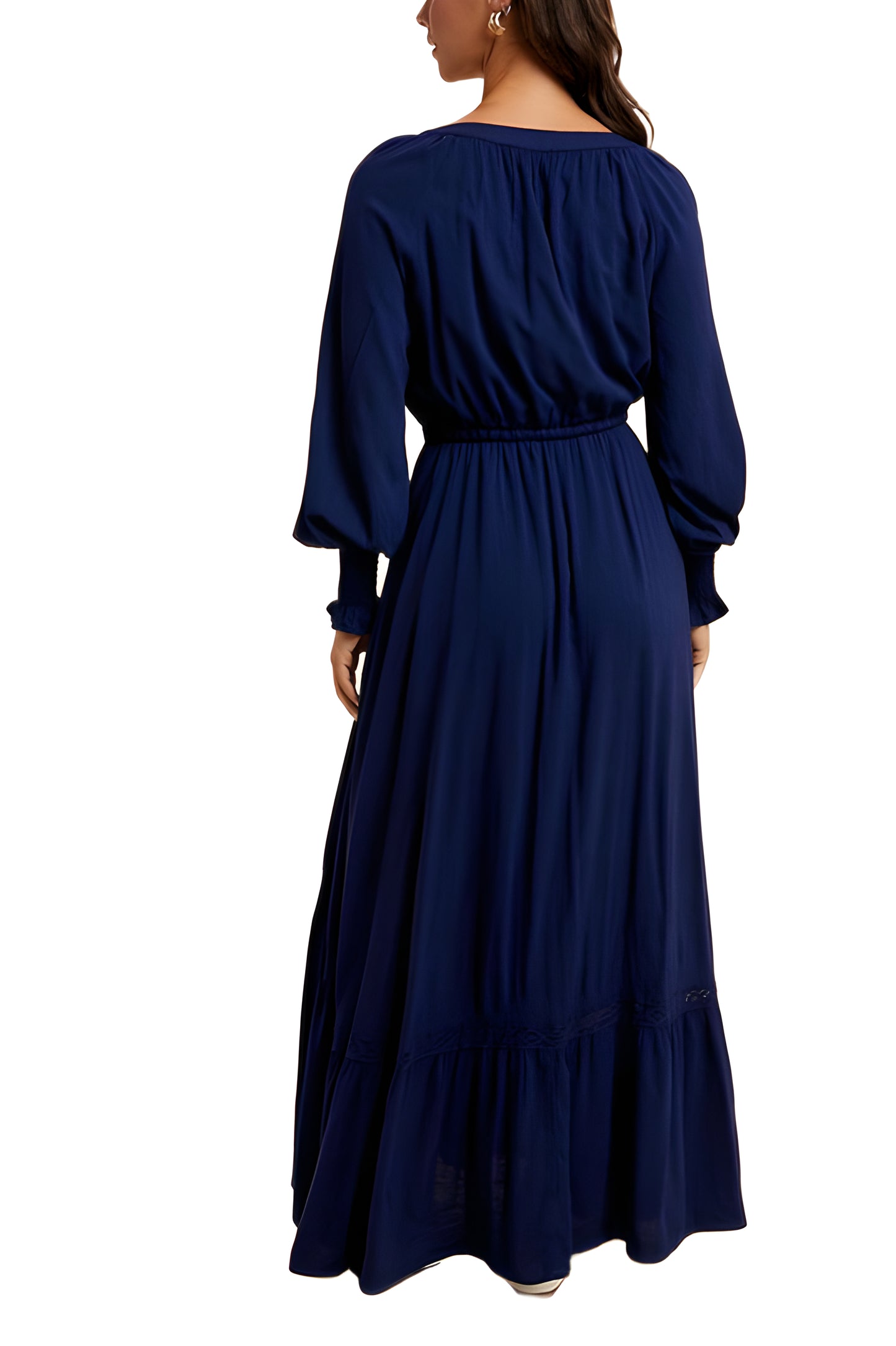 Navy Long Sleeve Maxi Dress with Button Detail and Tie Waist