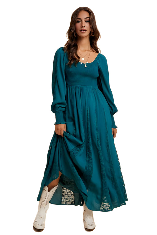 Teal Smocked Long Sleeve Maxi Dress with Lace Insets