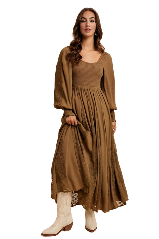 Brown Long Sleeve Maxi Dress with Smocked Bodice and Lace Insets