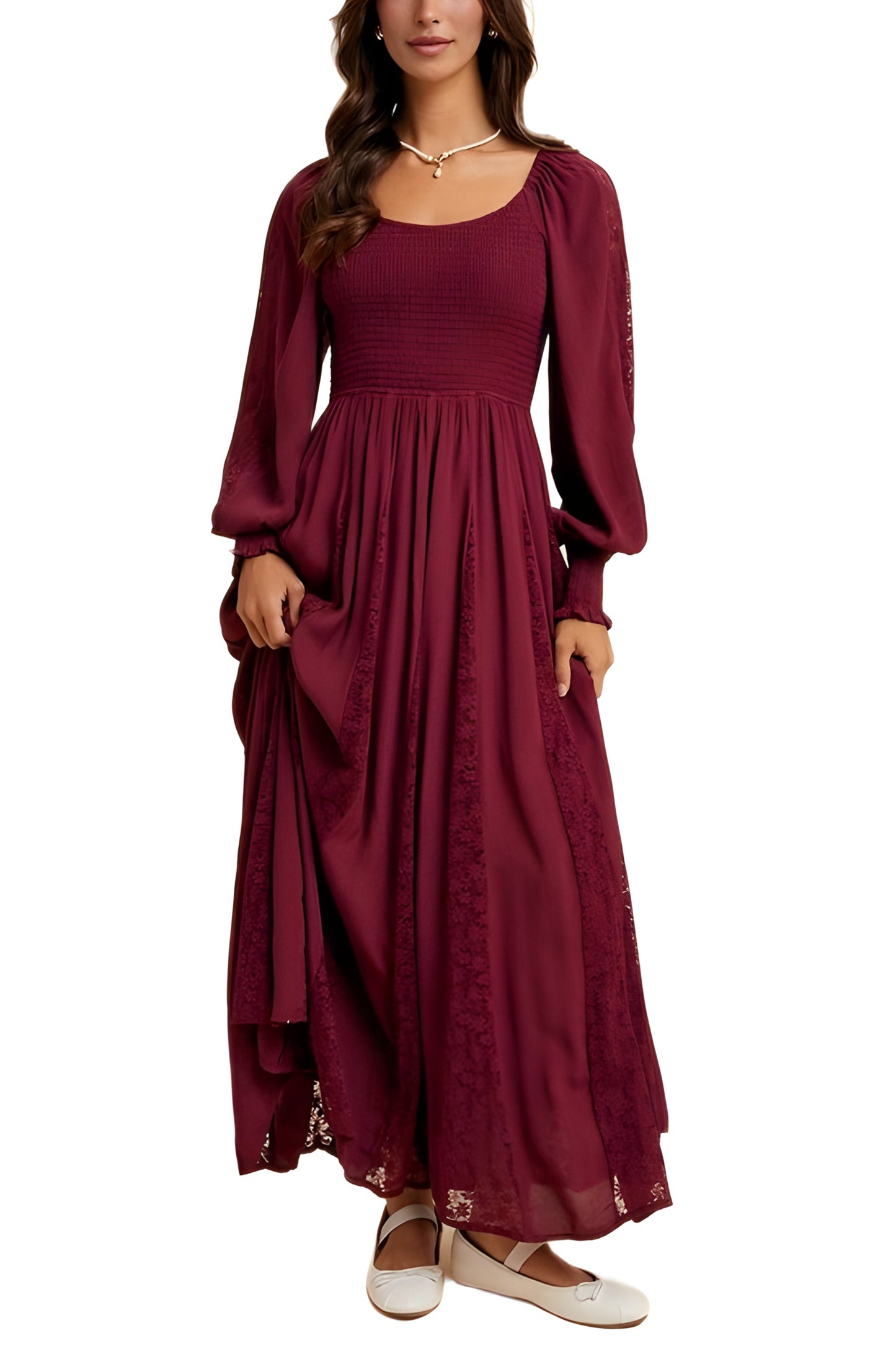 Burgundy Smocked Maxi Dress with Lace Accents and Puff Sleeves