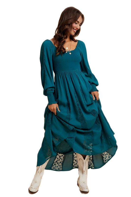 Teal Smocked Long Sleeve Maxi Dress with Lace Insets