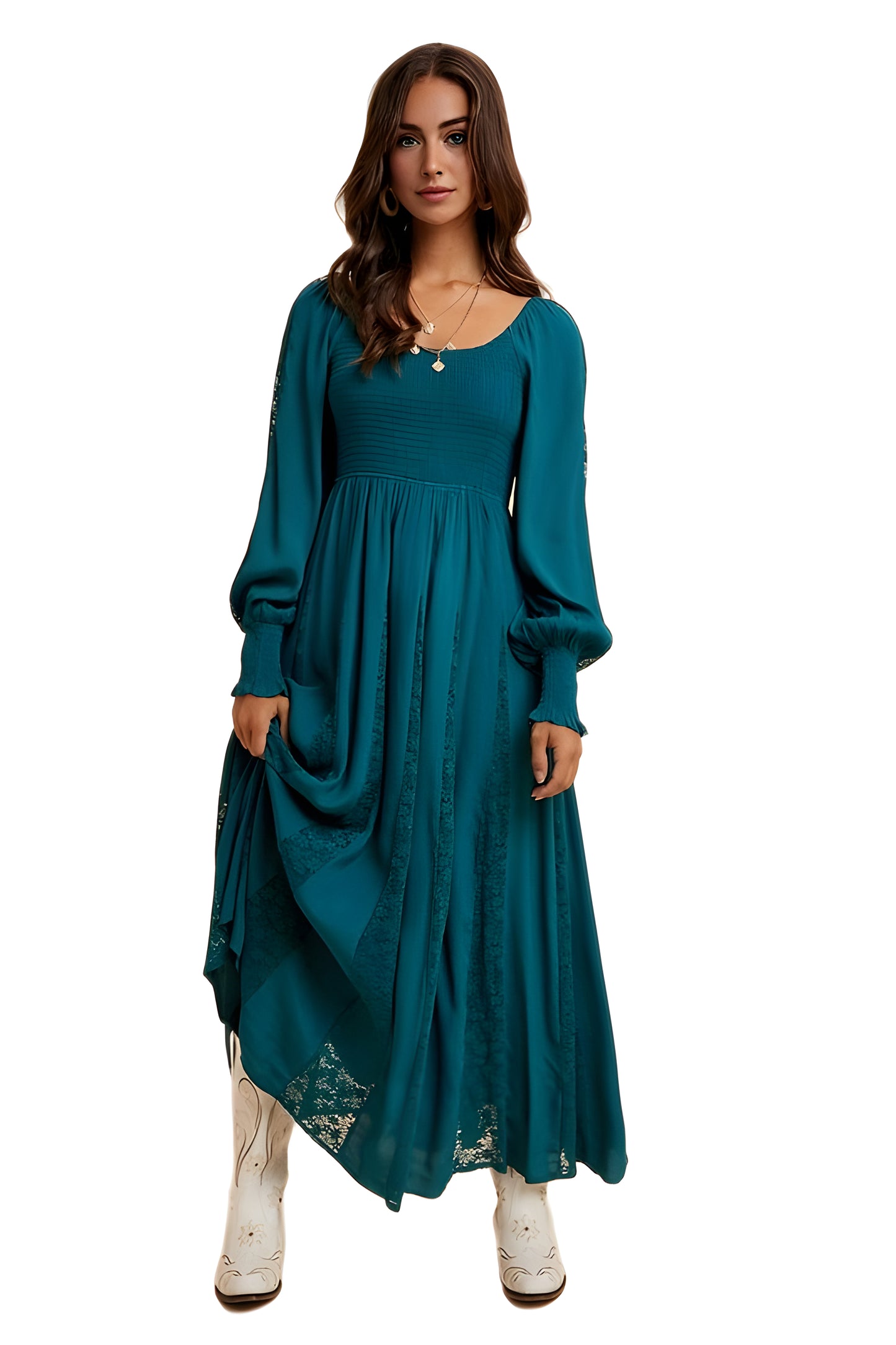 Teal Smocked Long Sleeve Maxi Dress with Lace Insets