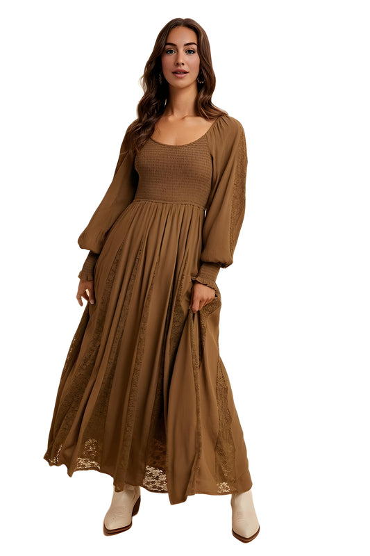 Brown Long Sleeve Maxi Dress with Smocked Bodice and Lace Insets