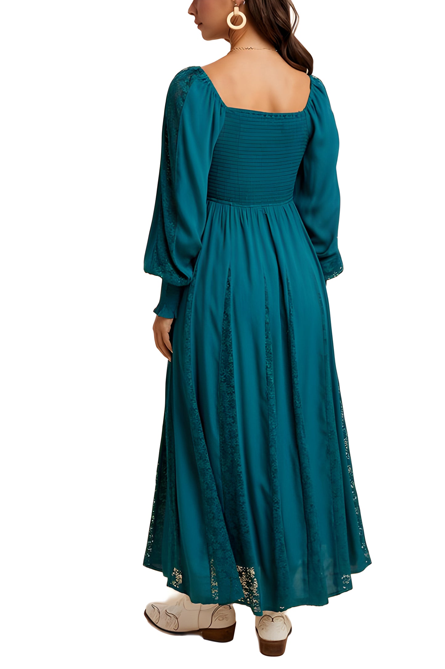 Teal Smocked Long Sleeve Maxi Dress with Lace Insets