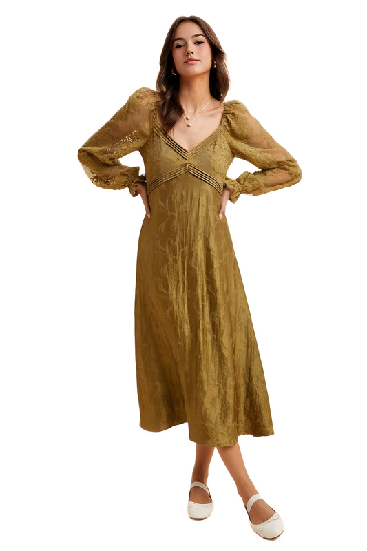 Olive Green Long Sleeve Midi Dress with Sheer Accents