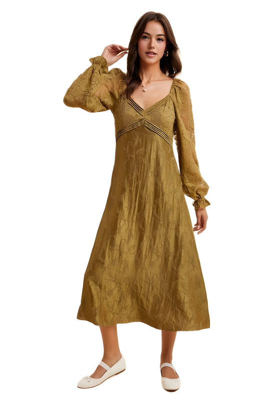 Olive Green Long Sleeve Midi Dress with Sheer Accents