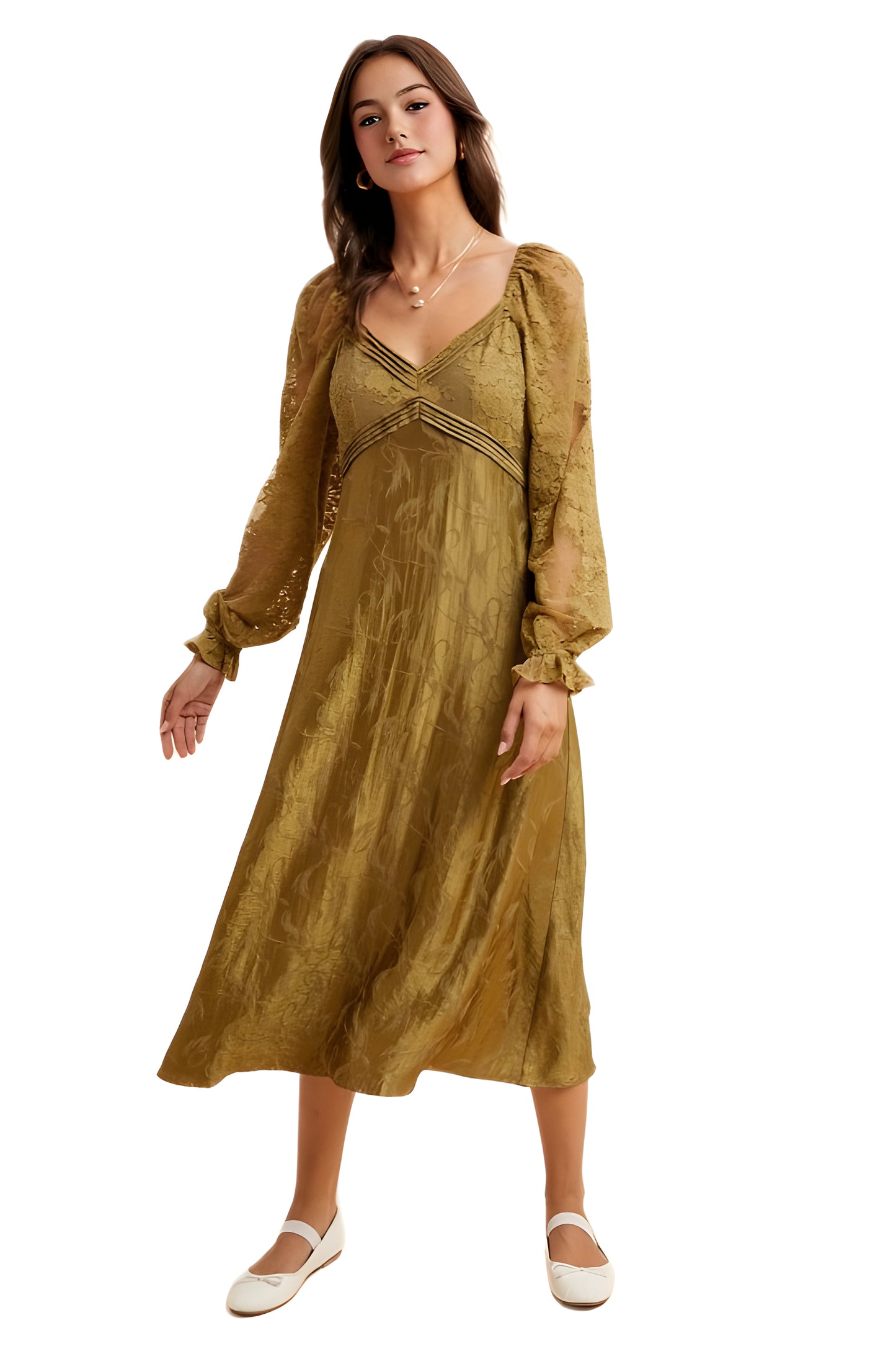 Olive Green Long Sleeve Midi Dress with Sheer Accents