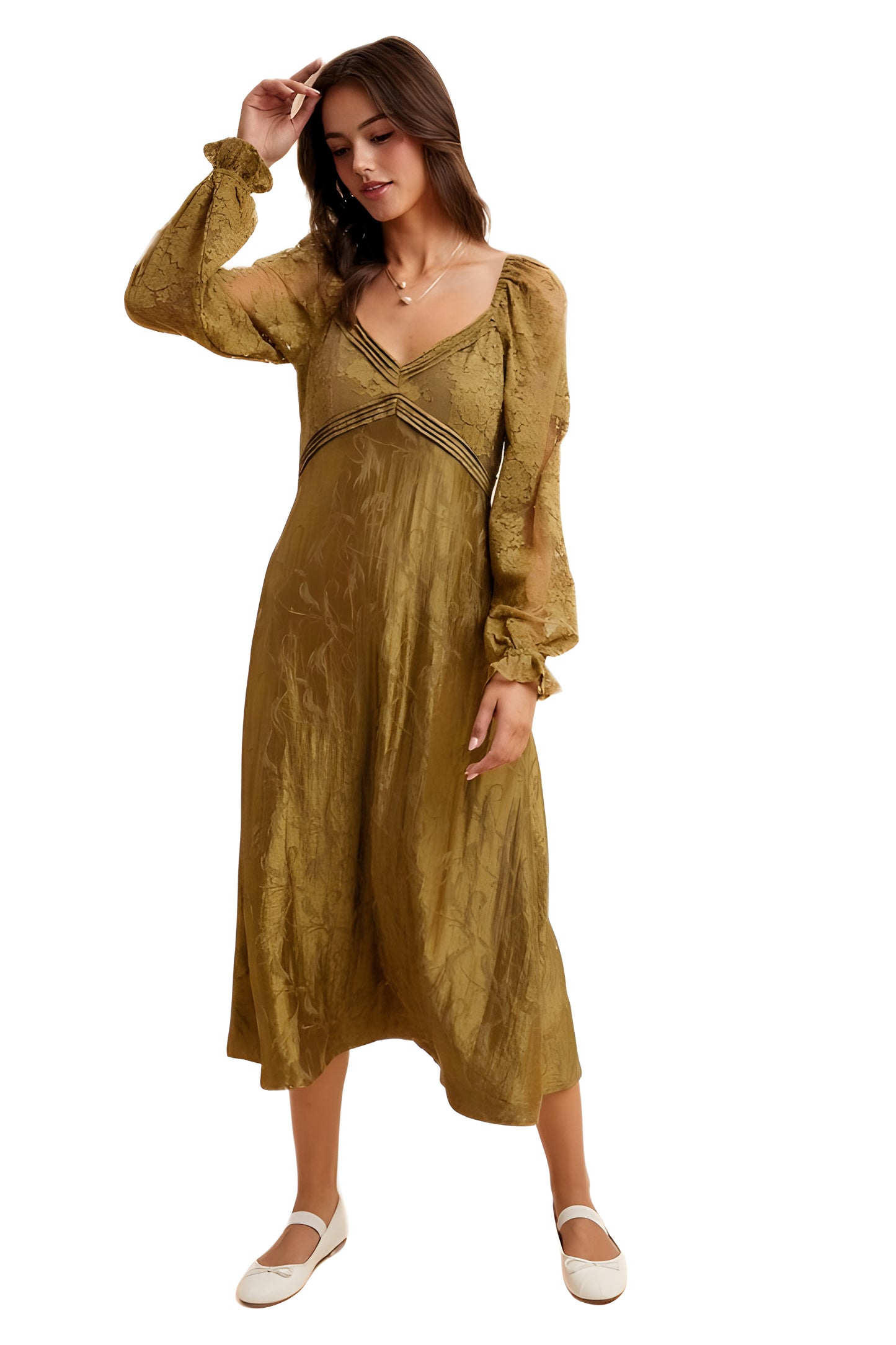 Olive Green Long Sleeve Midi Dress with Sheer Accents