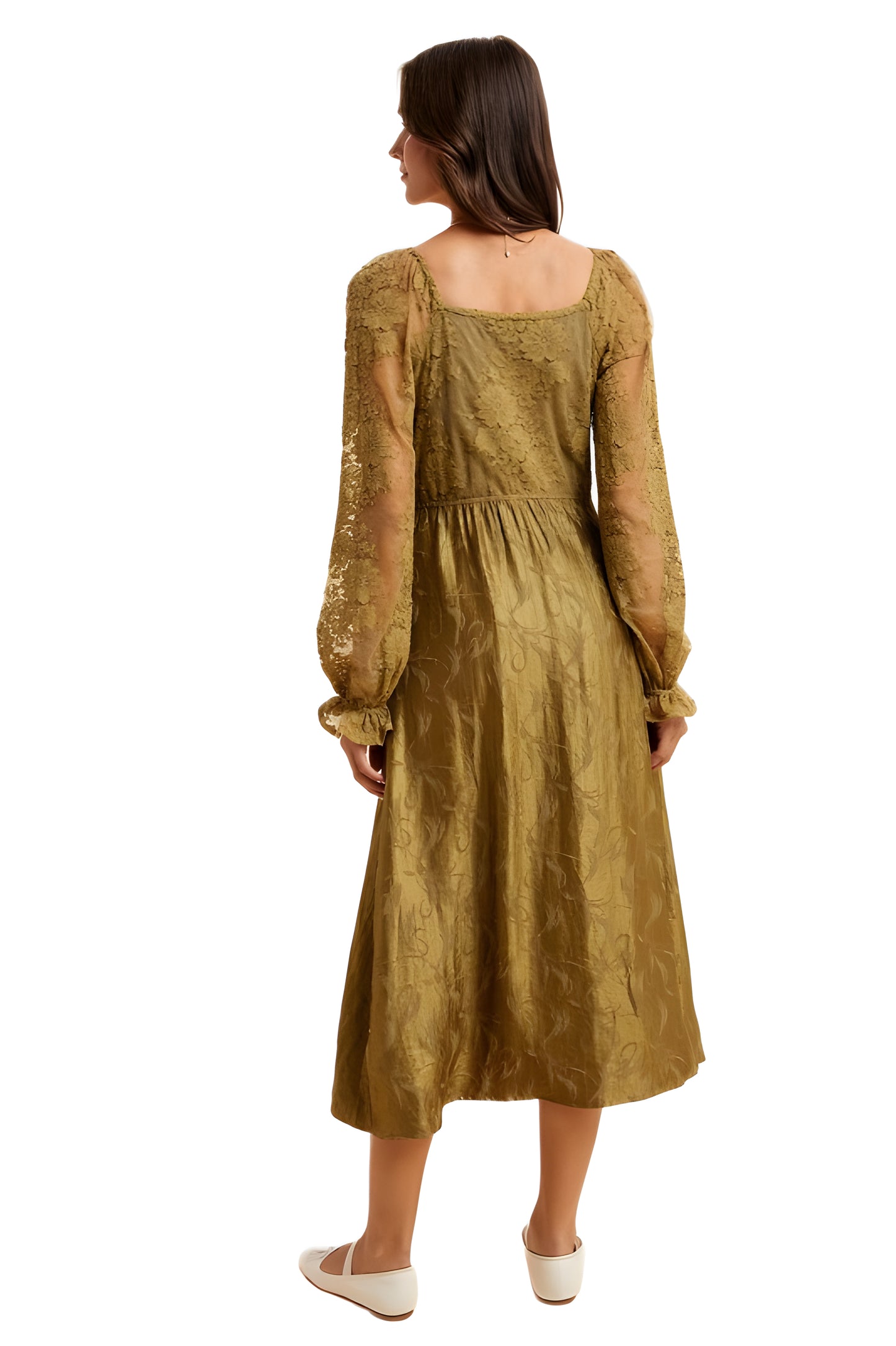 Olive Green Long Sleeve Midi Dress with Sheer Accents