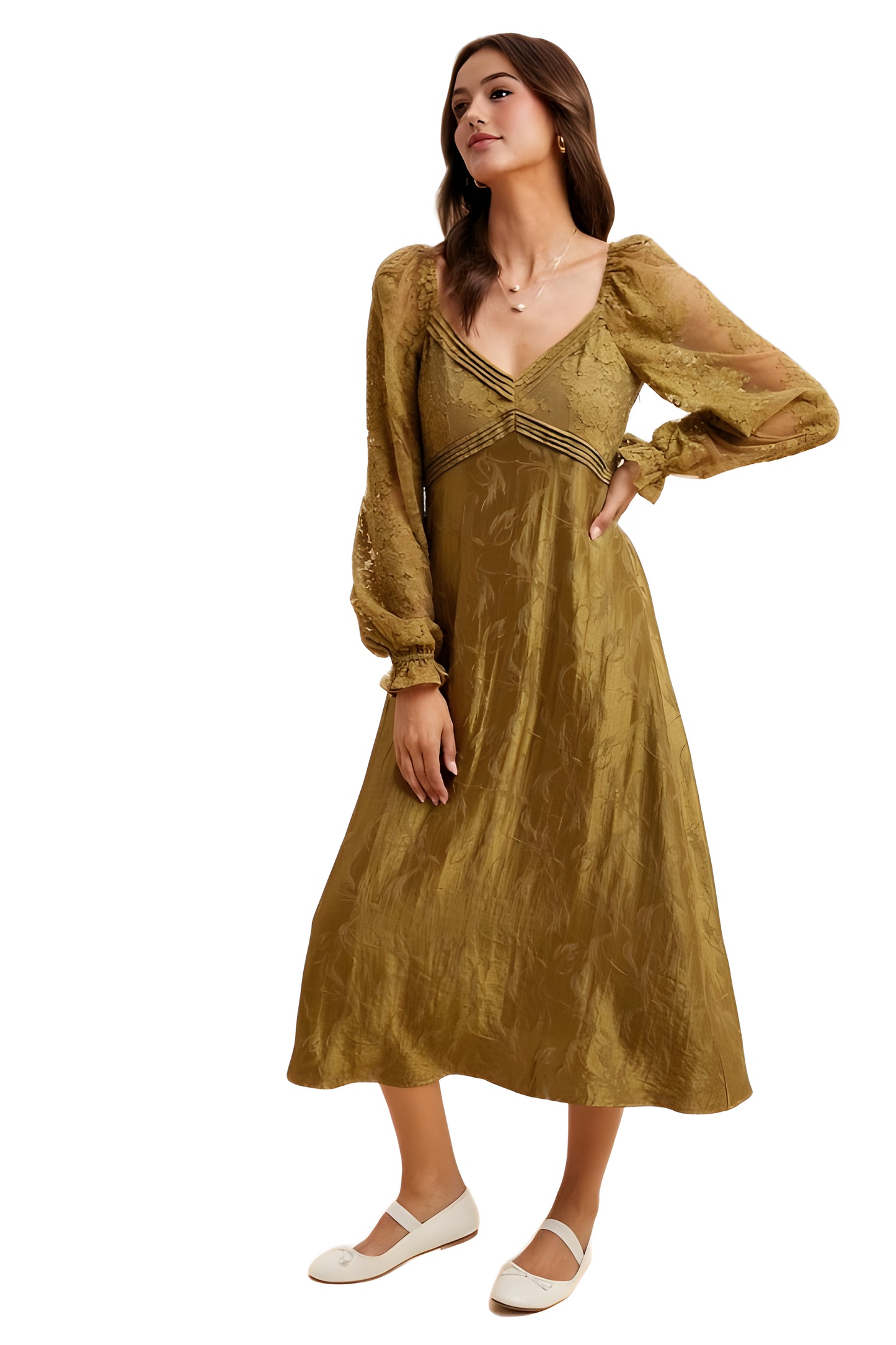 Olive Green Long Sleeve Midi Dress with Sheer Accents