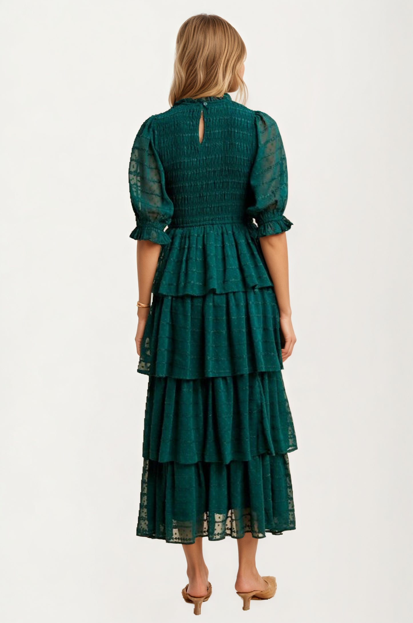 Tiered Ruffle Maxi Dress with Smocked Bodice and Sheer Sleeves