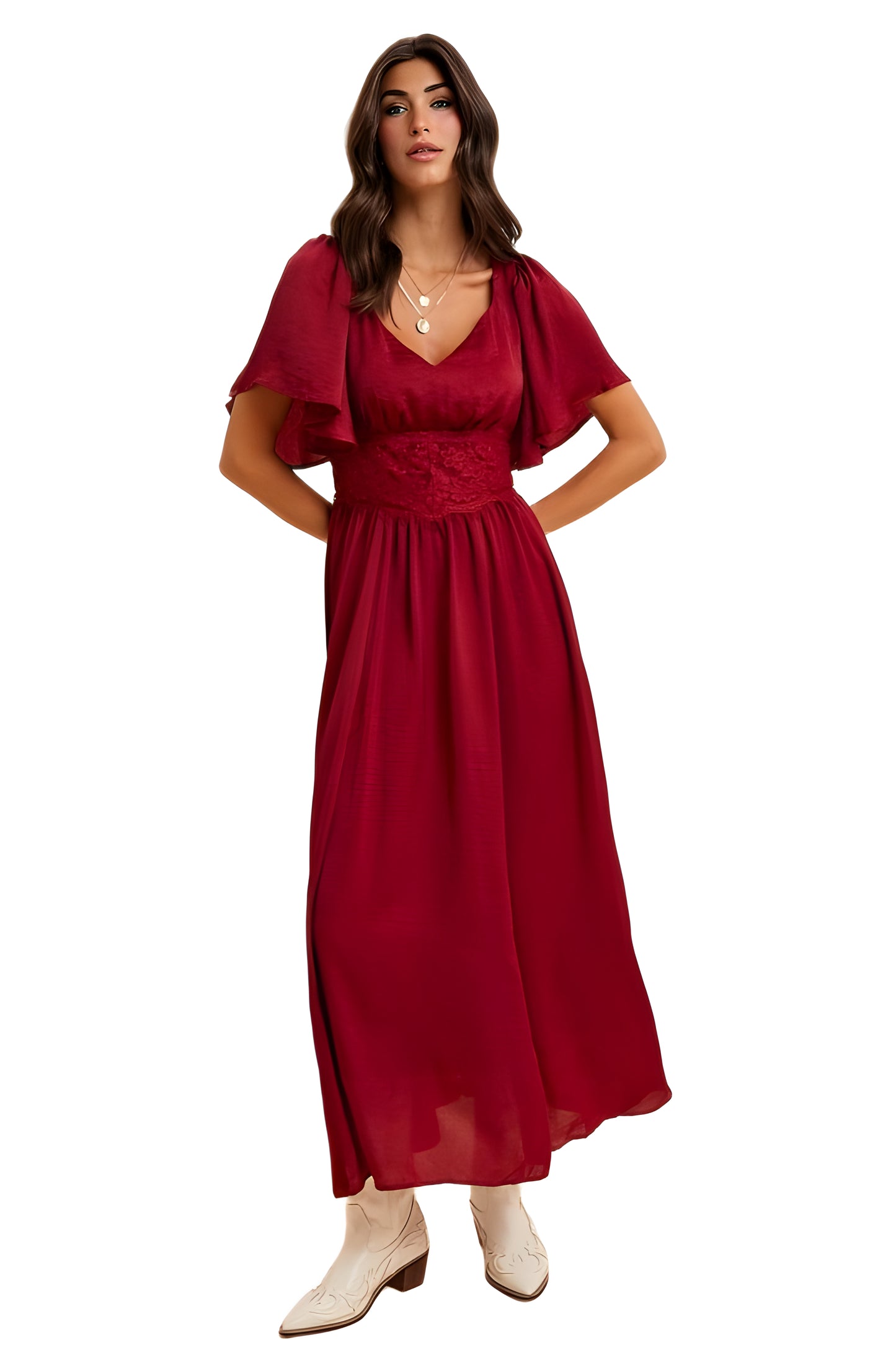 Burgundy Maxi Dress with Lace Waist and Flutter Sleeves
