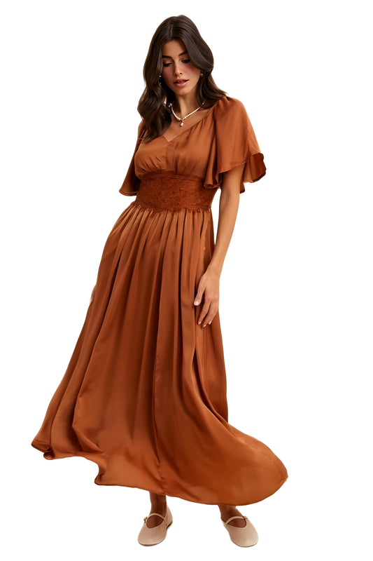 Rust Satin Maxi Dress with Lace Waist and Flutter Sleeves