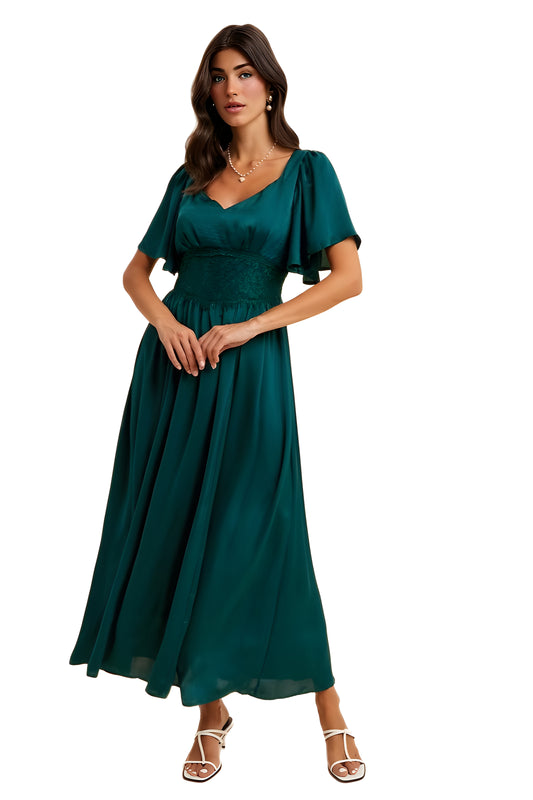 Emerald Green Maxi Dress with Lace Waist and Flutter Sleeves