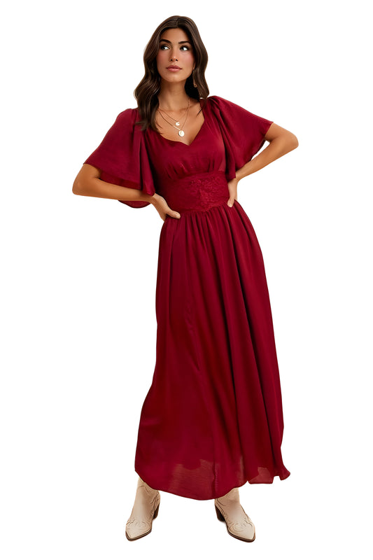 Burgundy Maxi Dress with Lace Waist and Flutter Sleeves