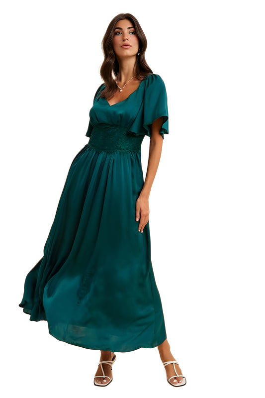 Emerald Green Maxi Dress with Lace Waist and Flutter Sleeves