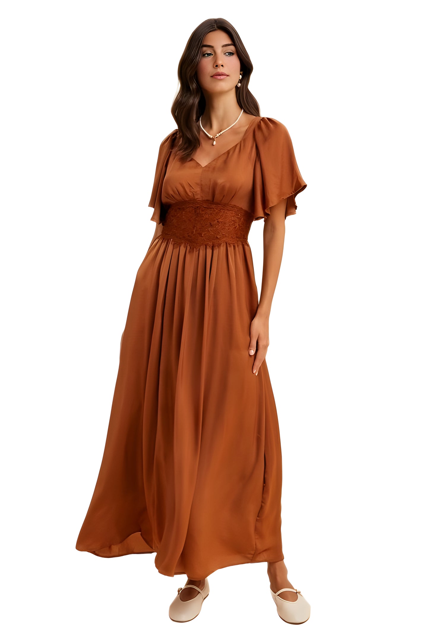 Rust Satin Maxi Dress with Lace Waist and Flutter Sleeves