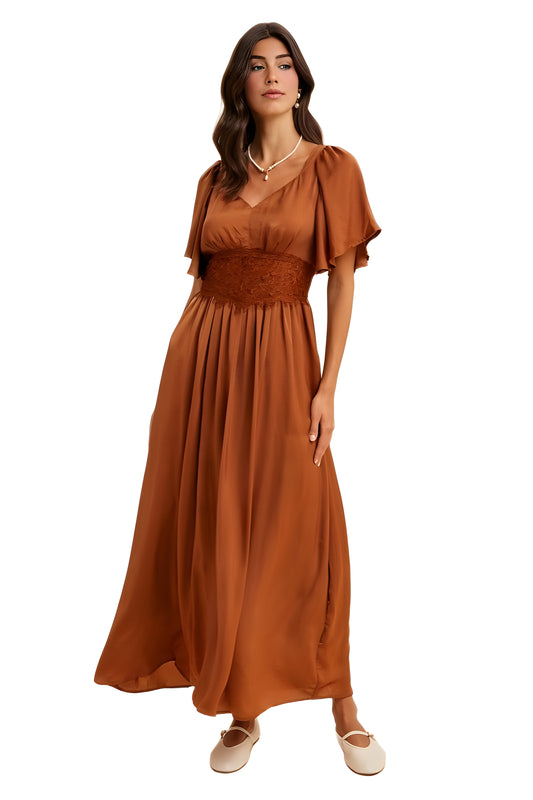 Rust Satin Maxi Dress with Lace Waist and Flutter Sleeves