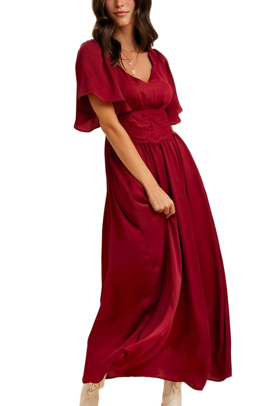 Burgundy Maxi Dress with Lace Waist and Flutter Sleeves