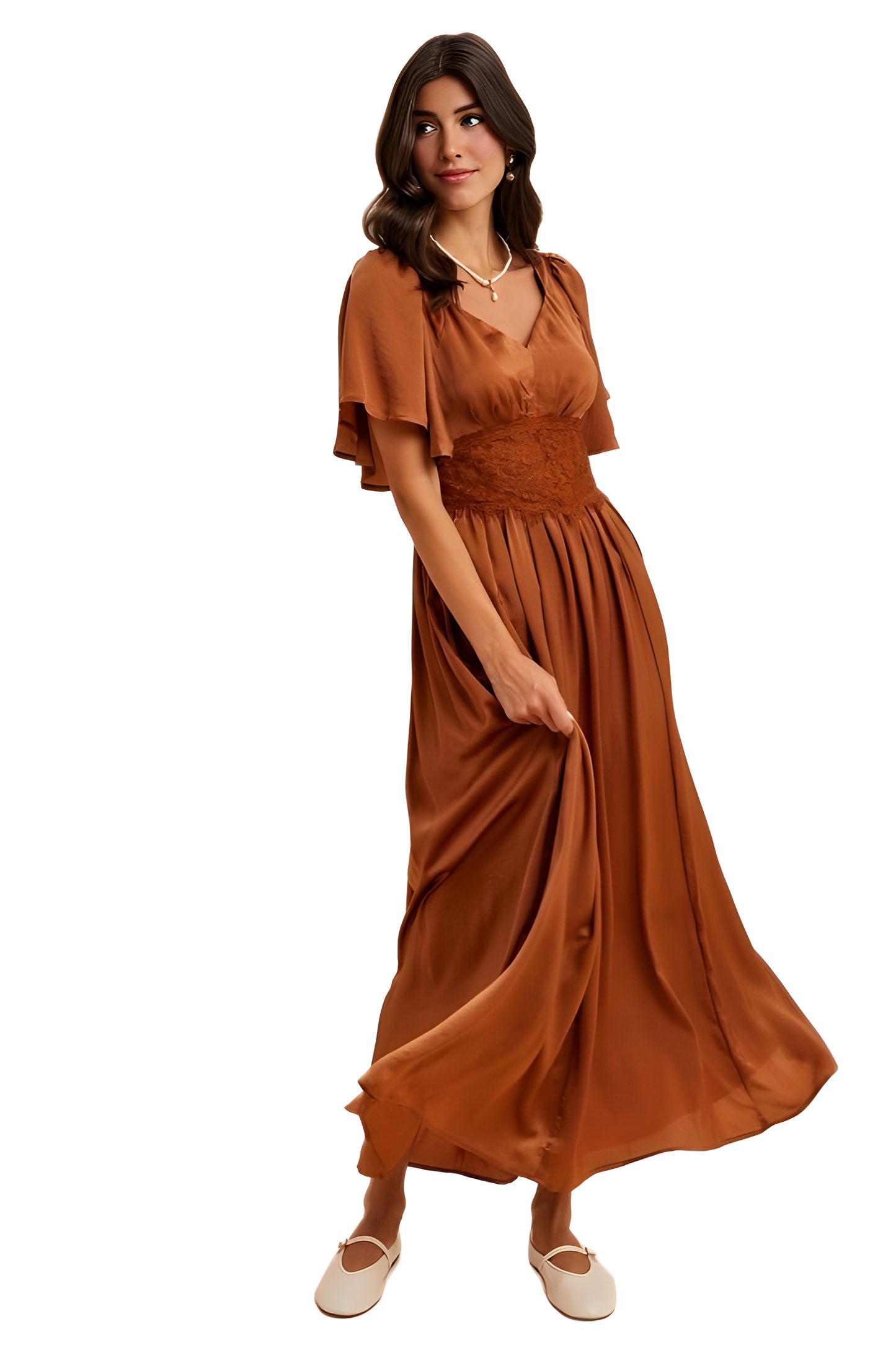 Rust Satin Maxi Dress with Lace Waist and Flutter Sleeves