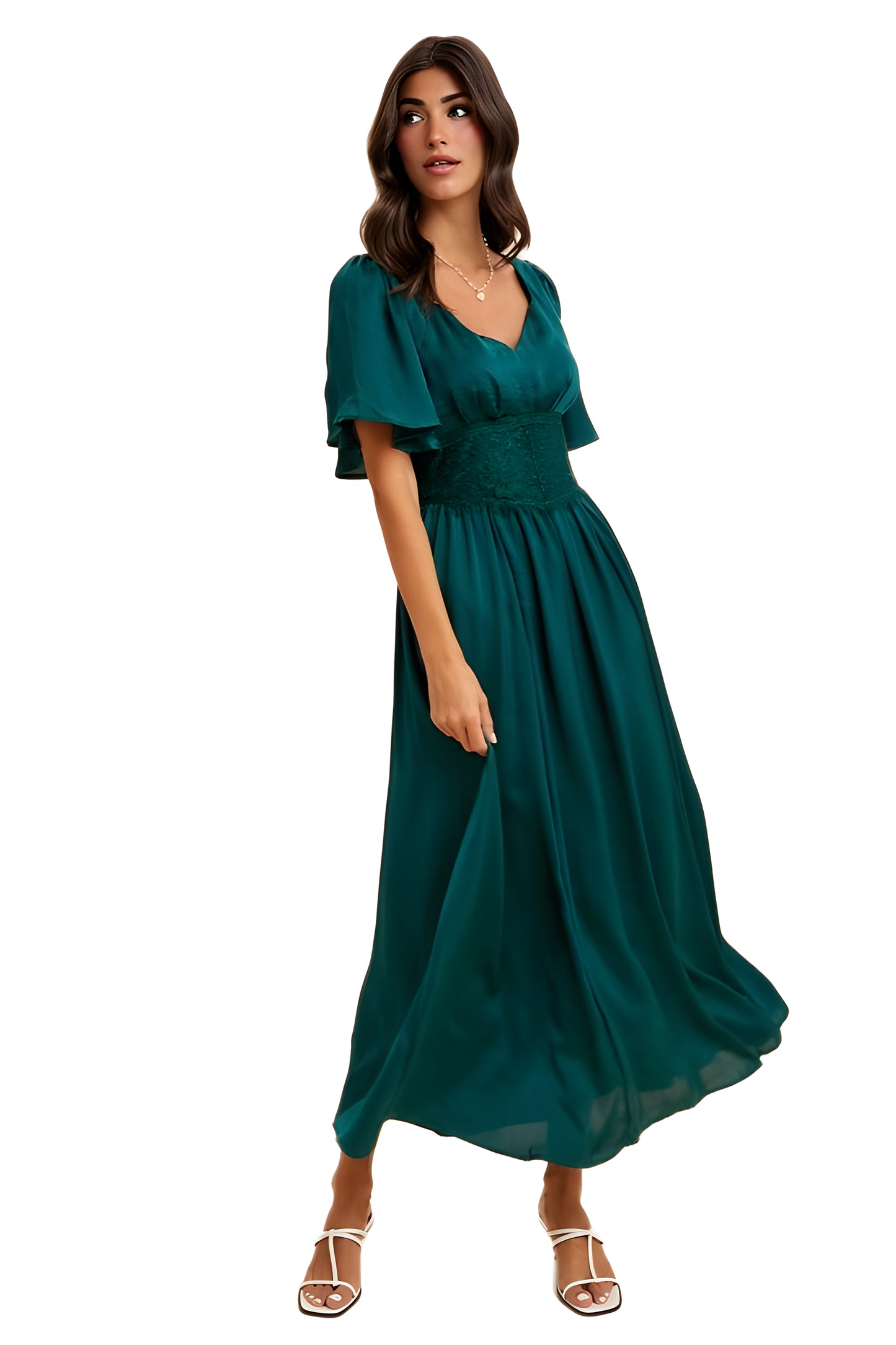 Emerald Green Maxi Dress with Lace Waist and Flutter Sleeves